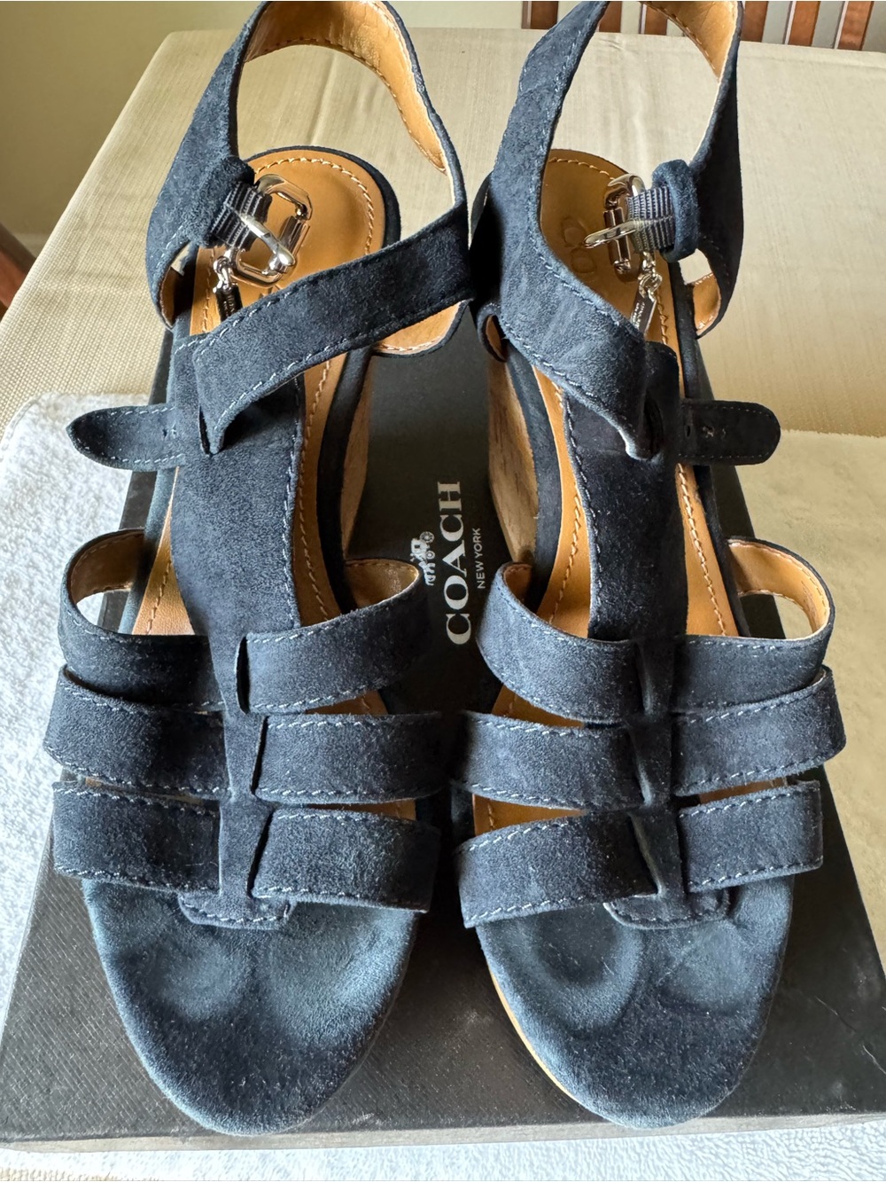 Coach Black Suede Strappy Block Heel Sandals with Buckle